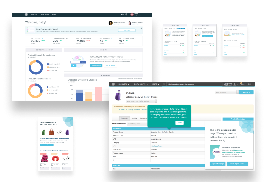 Collage of Salsify product screens including dashboard and product detail views